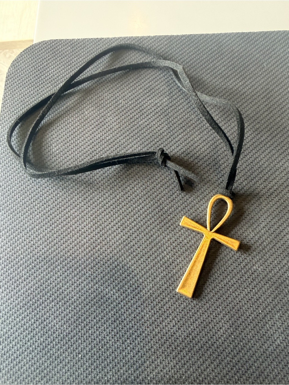 Gold Ankh Charm Necklace on Black Leather Cord 1.25” x 2”
